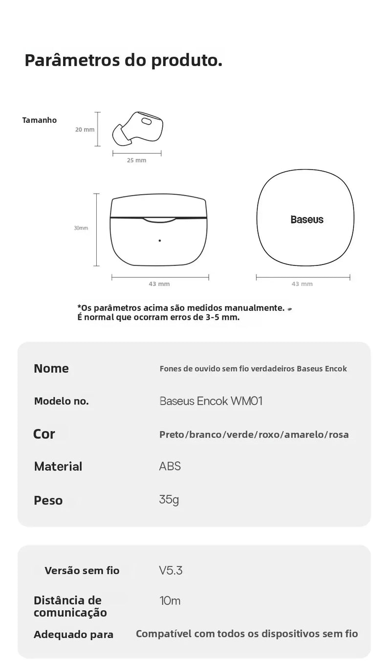 Fone De Ouvido BASEUS Sem Fio Bowie Wm01 Portátil Bluetooth 5.0 25 Horas de Bateria Redução de Ruído ENVIO IMEDIATO
