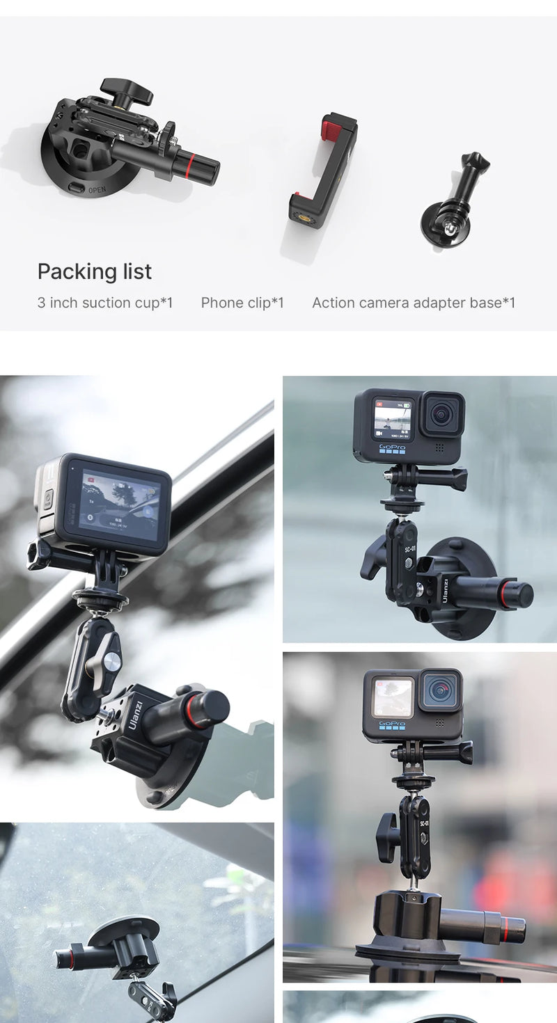 Ulanzi Car Phone Action Camera Holder Hand Pump Suction Cup 360° Adjustable 1/4" 3/8" For GoPro Insta360 DJI Action Smart Phone
