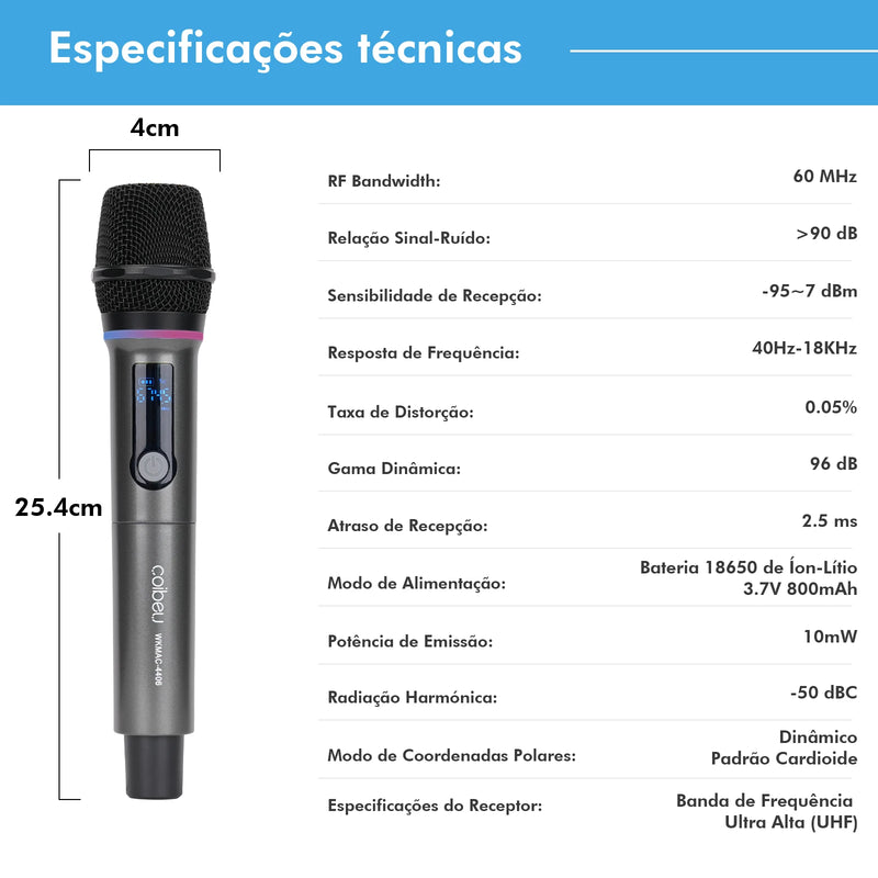 Kit 2 Microfones sem fio UHF 2.4G profissional com LED RGB - 2 unidades, bateria 18650, atraso de 2,5 ms, cardioide para karaokê/ao vivo