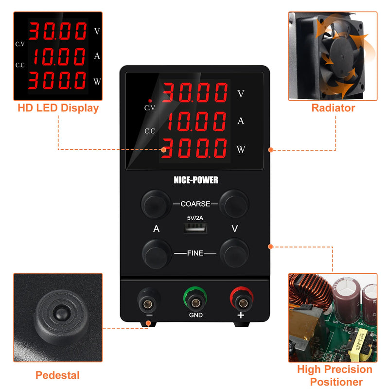 Fonte de alimentação de bancada regulada por CC USB KUAIQU, regulador de tensão ajustável de laboratório de 30 V, 10 A, 5 A, estabilizador de 60 V e 5 A, fonte de alimentação com interruptor