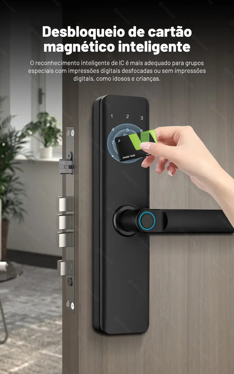 Fechadura eletrônica inteligente com impressão digital biométrica, cartão inteligente, senha, chave, desbloqueio, USB, sem aplicativo, trava de carga de emergência para casa