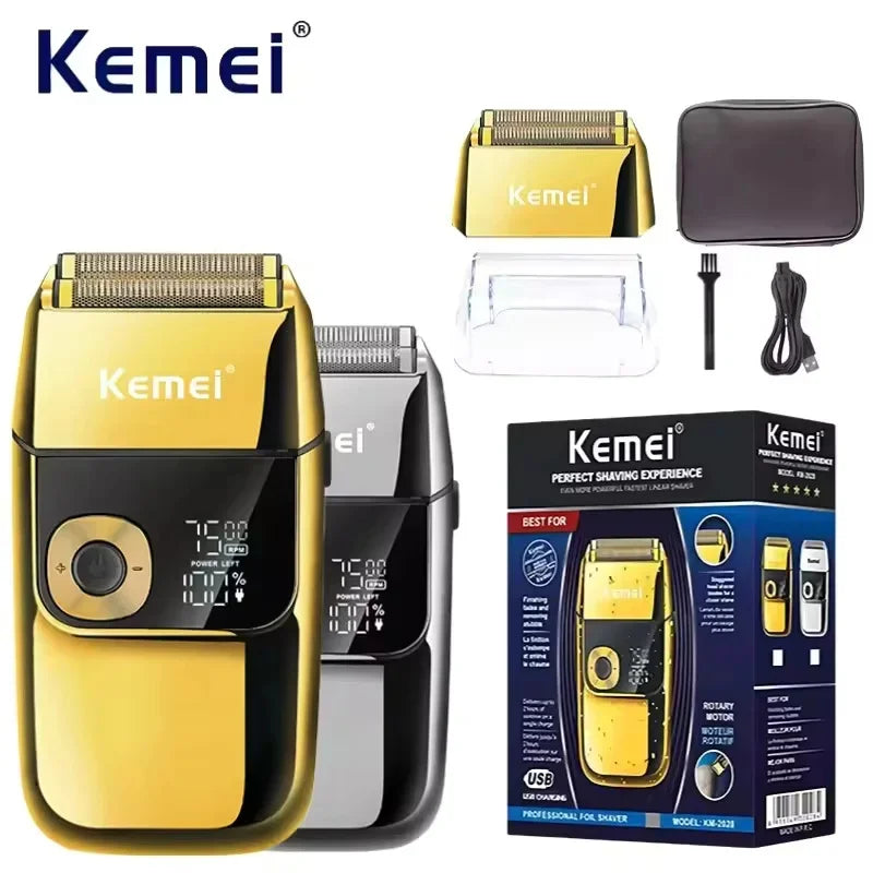 Barbeador e corta cabelo elétrico masculino com 3 velocidades, display LCD, corpo de metal e carregamento USB