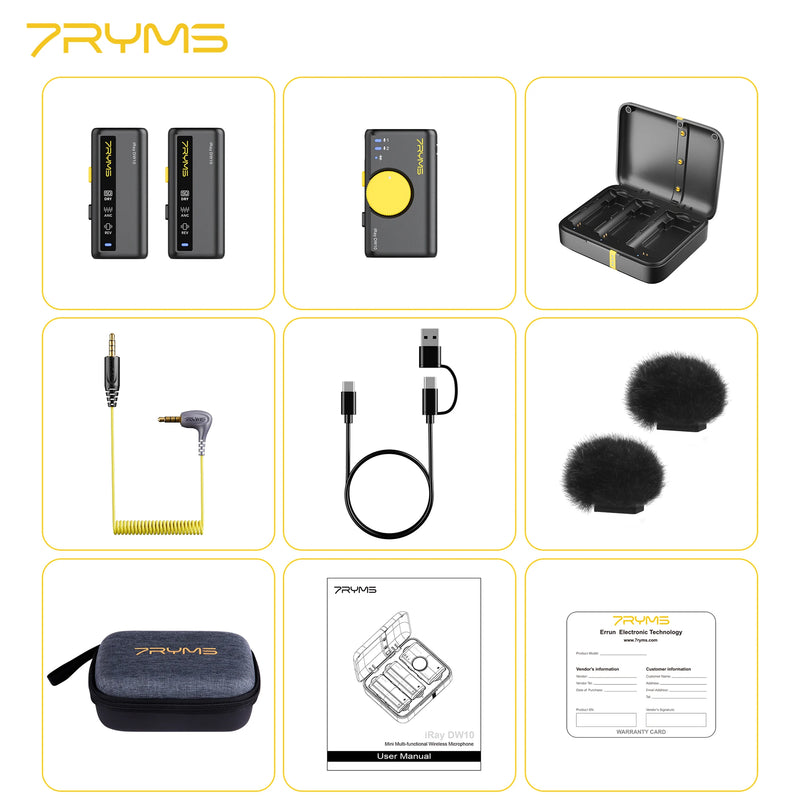7RYMS iRay DW10 Mini Microfone sem fio multifuncional para câmera, smartphone, computador, vlog, transmissão ao vivo, entrevista