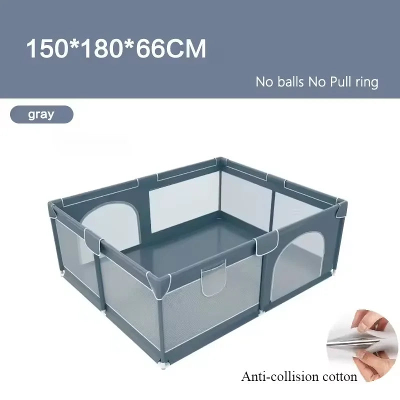 Cercado infantil IMBABY para uso interno, com barreira de segurança, piscina seca e área de recreação para crianças.