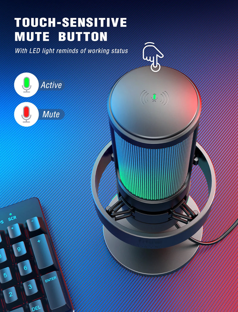 Microfone USB FIFINE para gravação e streaming em PC/Mac com filtro pop, silenciador rápido e conector de microfone de 3,5 mm, microfone com 3 modos RGB - A8