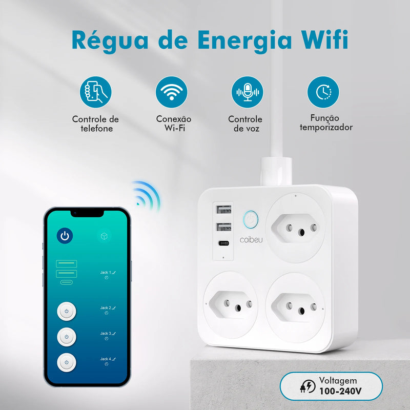 Filtro de Linha Inteligente Com WiFi, 3 Tomada, 2 Entradas USB, 1 Entrada Tipo C e 1 Botão Liga Desliga Geral