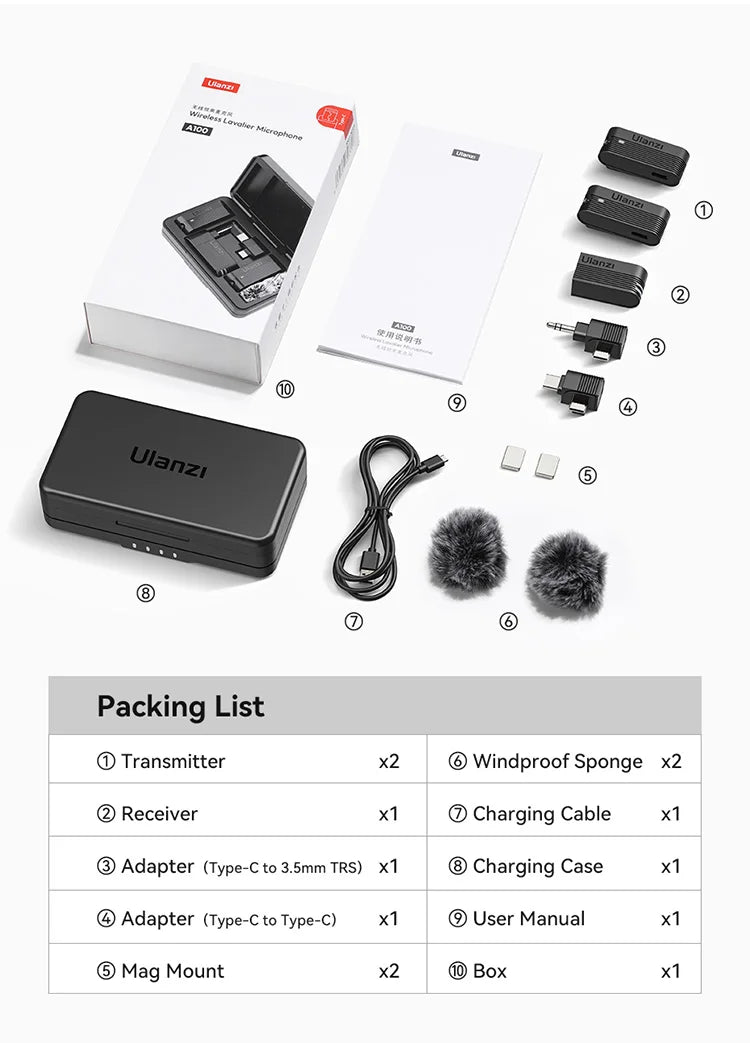 Microfone Ulanzi A100 para Smartphones, Microfone de Lapela Sem Fio para iPhone 16, 15, 12, Xiaomi, Samsung, Dji Action 5, 4, 3, 2, OSMO Pocket 3, SONY