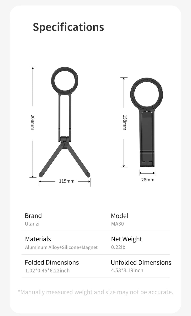 Ulanzi MA30 Tripé para celular com mosquetão, suporte magnético de dupla face para vídeo, luz, vlog, transmissão ao vivo, viagens ao ar livre