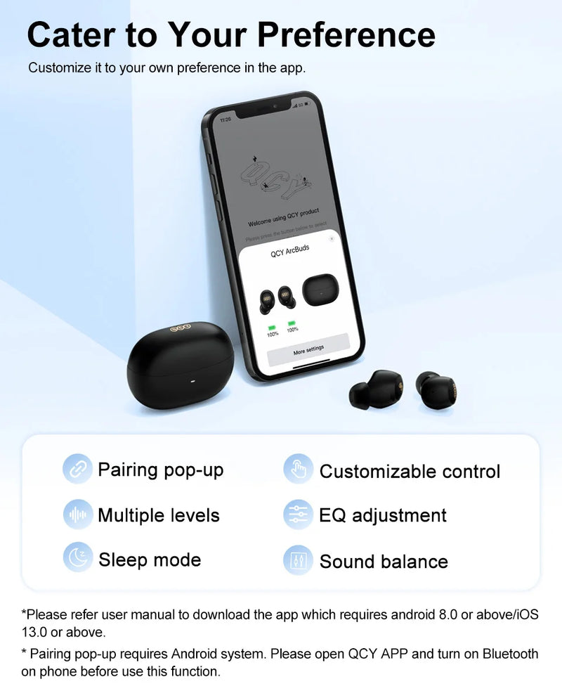 Fones de ouvido sem fio QCY HT07 ANC com cancelamento de ruído de 40 dB TWS, 6 microfones, chamada AI HD, Bluetooth 5.2, reprodução de 32 horas