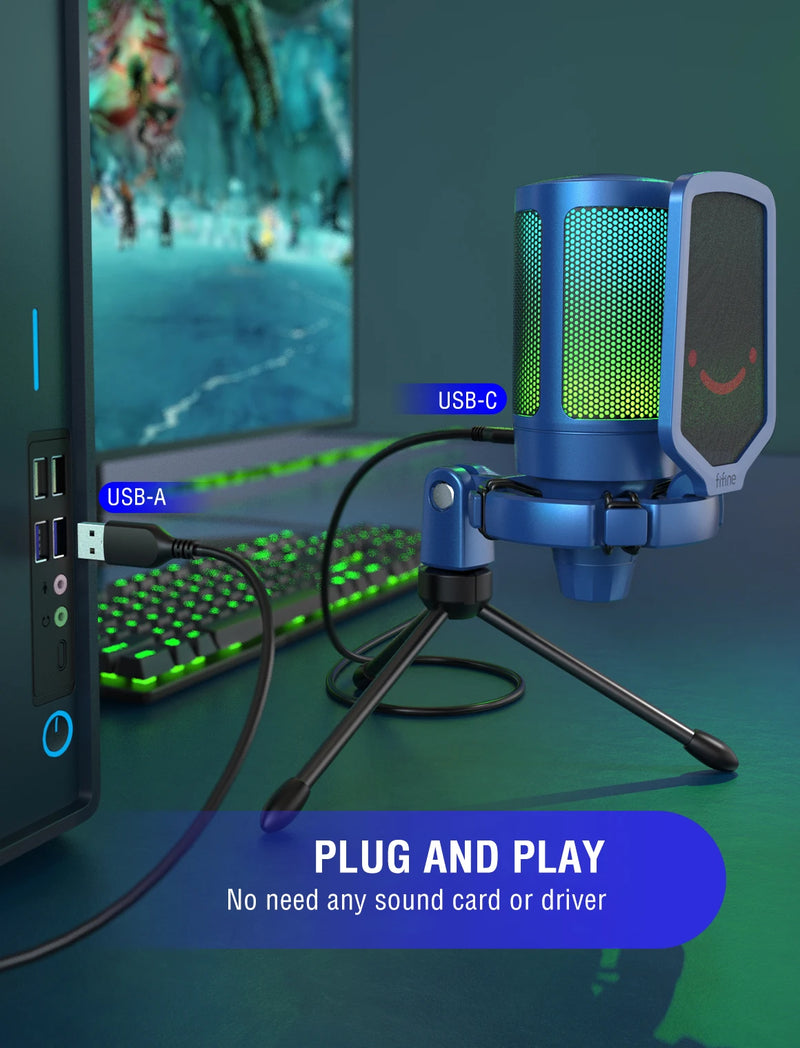 Microfone para jogos USB FIFINE A6V, premiado microfone com design iF, filtro pop/suporte anti-choque, som HD de 192 kHz e RGB para PC/PS4/5/Mac