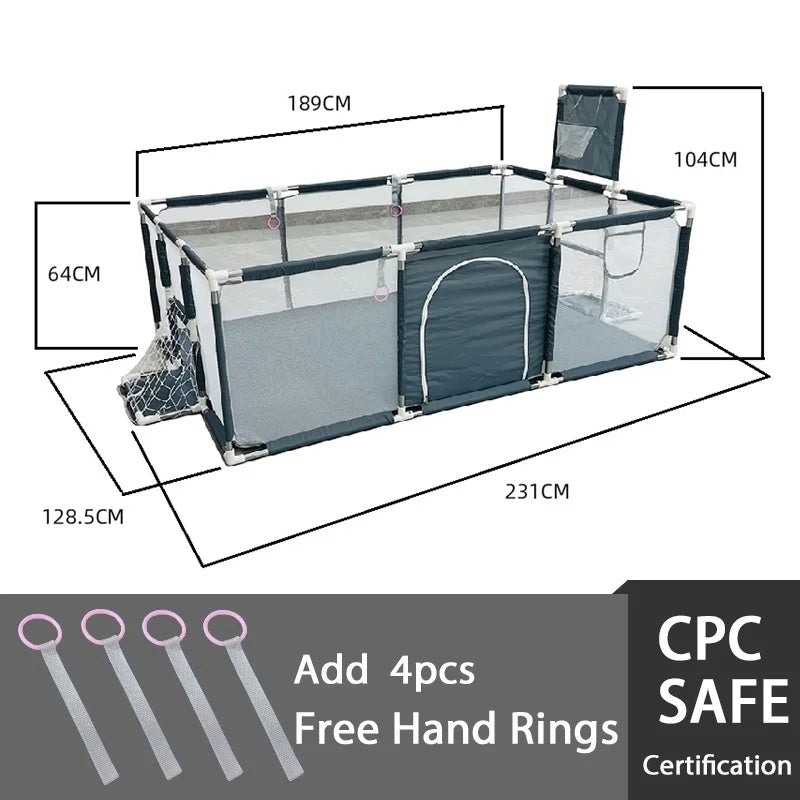 Cercado infantil IMBABY para uso interno, com barreira de segurança, piscina seca e área de recreação para crianças.