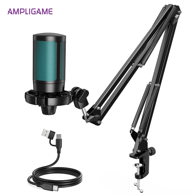 Kit de microfone para jogos AmpliGame com silenciador rápido, conjunto de microfone condensador USB RGB com braço de metal para PC móvel, PS4/5, streaming - A2T