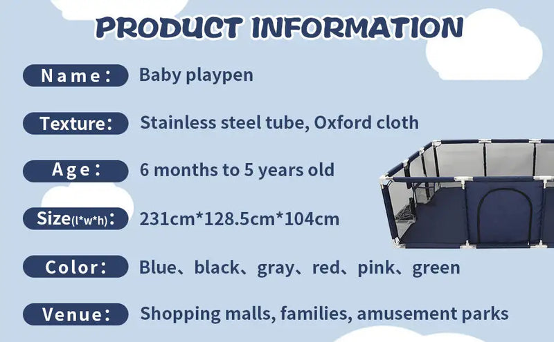 Cercado infantil IMBABY para uso interno, com barreira de segurança, piscina seca e área de recreação para crianças.