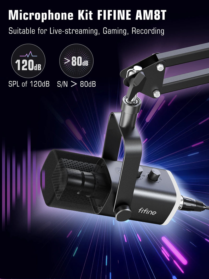 Kit de microfone dinâmico XLR FIFINE com braço articulado para mixer, conjunto de microfone USB para jogos com RGB, controle de volume para PC PS5/4 AmpliGame AM8T