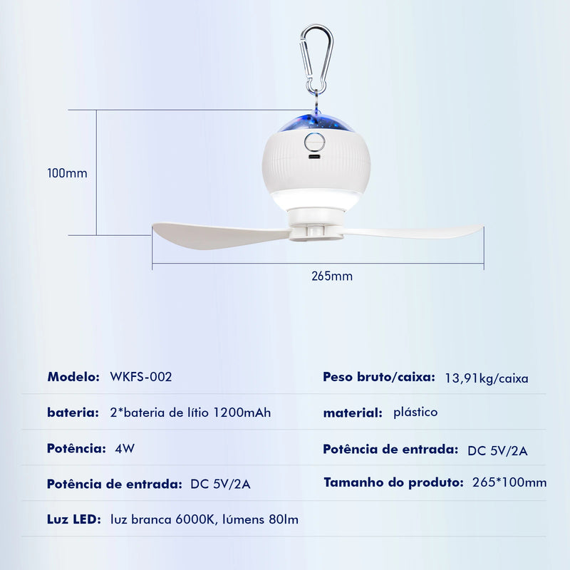 Ventilador, Lâmpada LED e Projetor de Estrelas e Planetas Portátil - Recarregável USB Com Controle