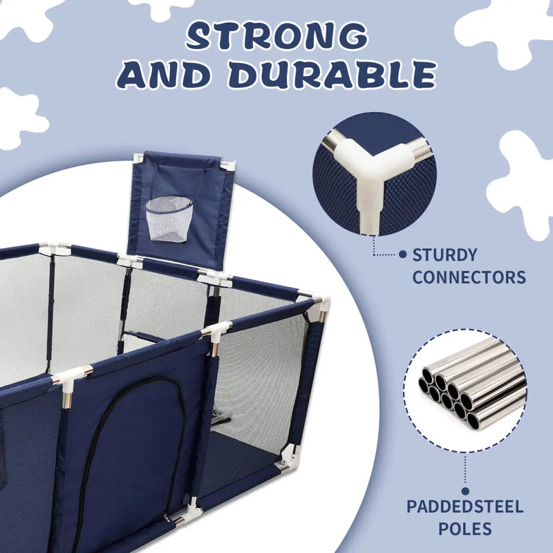 Cercado infantil IMBABY para uso interno, com barreira de segurança, piscina seca e área de recreação para crianças.