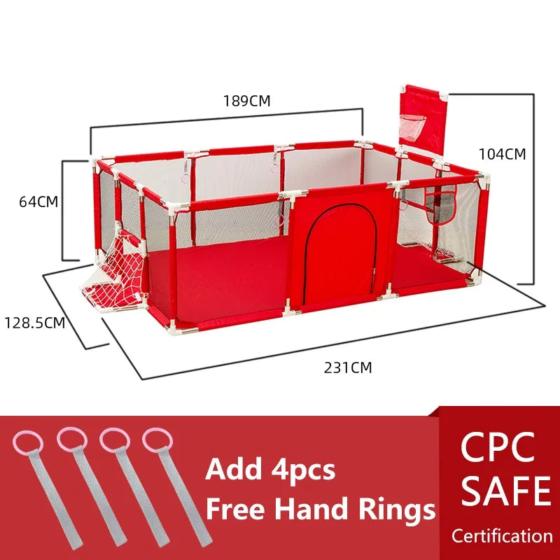 Cercado infantil IMBABY para uso interno, com barreira de segurança, piscina seca e área de recreação para crianças.