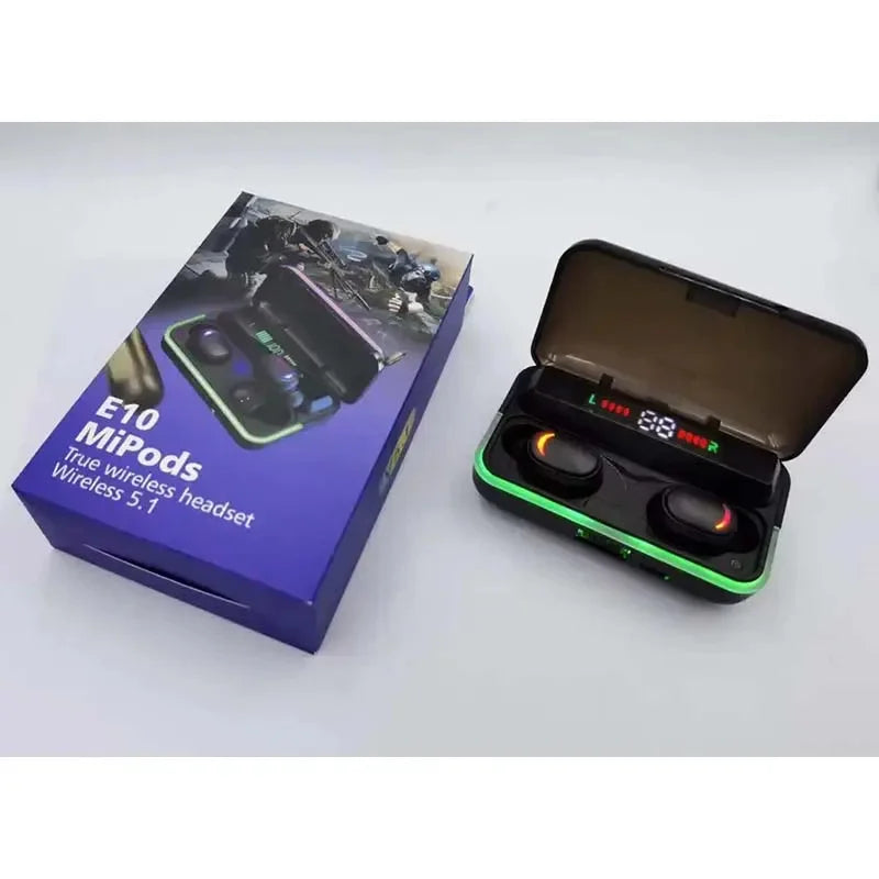 Fones de ouvido sem fio E10 Tws V5.1 Bluetooth com tecnologia touch para esportes e bateria externa, compatíveis com smartphones.