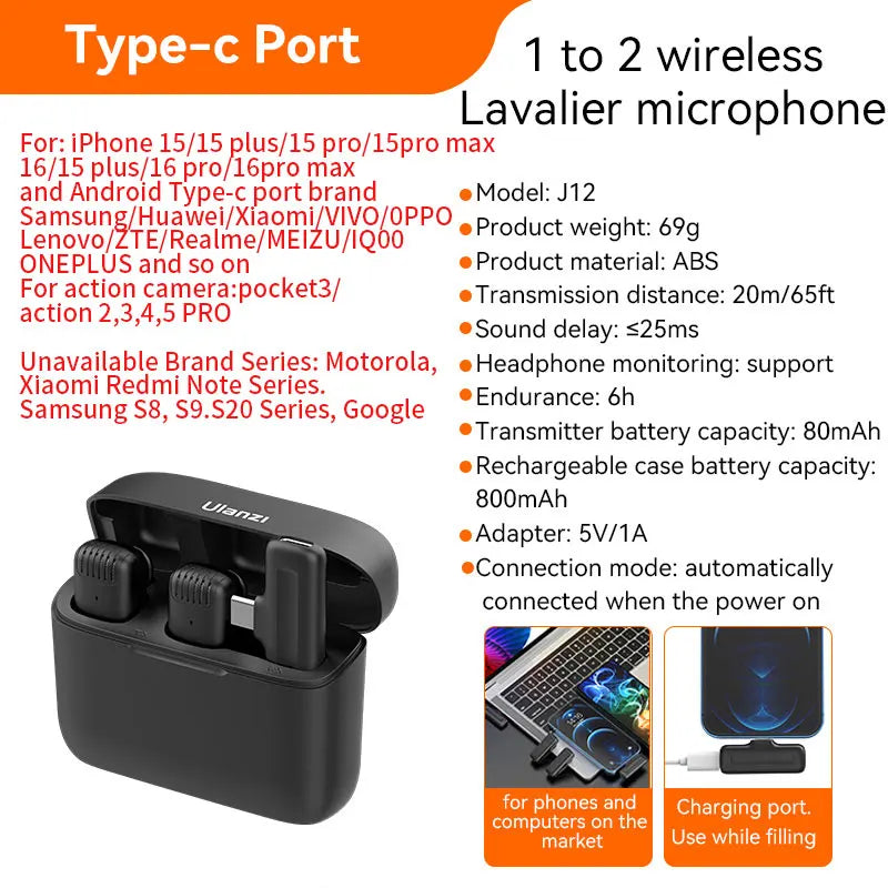 Microfone de lapela sem fio Ulanzi J12 com mini microfone para gravação de áudio e vídeo, plug-play para smartphone Android e iPhone, transmissão ao vivo