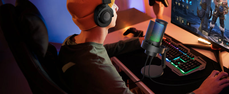 Microfone USB FIFINE para gravação e streaming em PC/Mac com filtro pop, silenciador rápido e conector de microfone de 3,5 mm, microfone com 3 modos RGB - A8