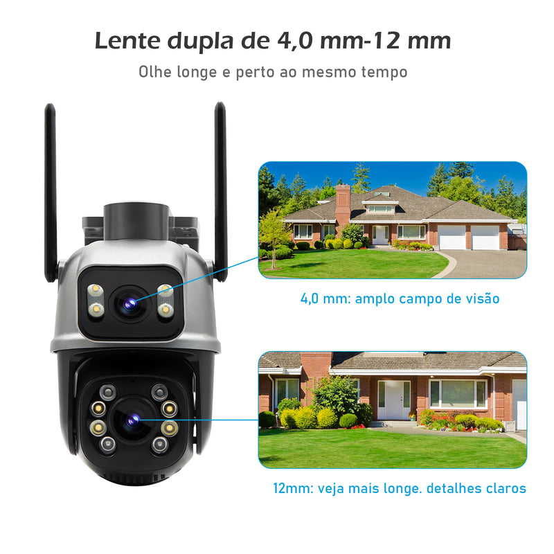 Câmera de vigilância Icsee preta Wi-Fi, monitor de câmera de segurança 4K Ultra HD, câmera de segurança Wi-Fi à prova d'água