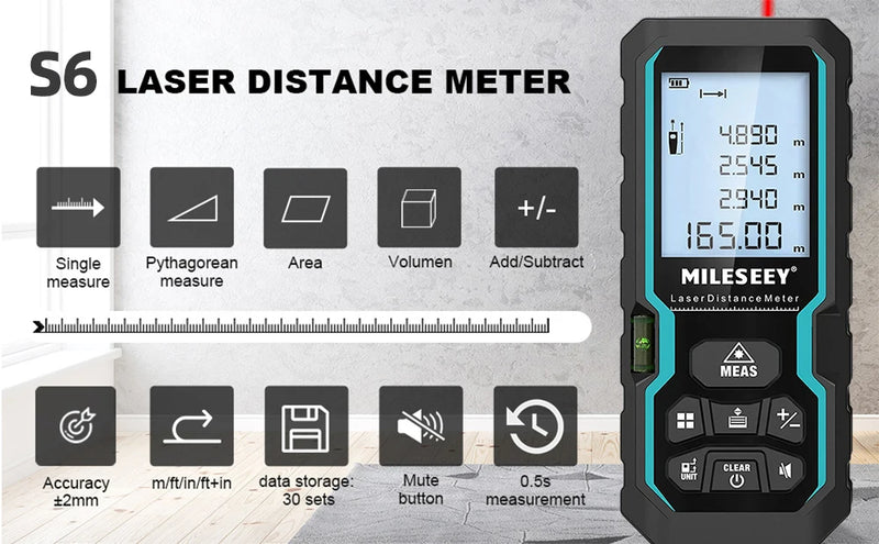 Telêmetro a laser MILESEEY S6 40M 60M 80M 100M Medidor de diatância a laser IP54 Régua eletrônica Ferramenta de medição útil