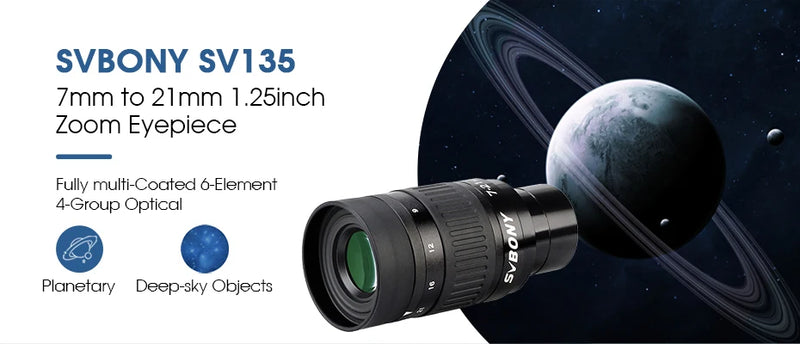 Ocular Svbony SV135 com zoom de 1,25" de 7 mm a 21 mm, design óptico totalmente multirrevestido, para usuários de óculos