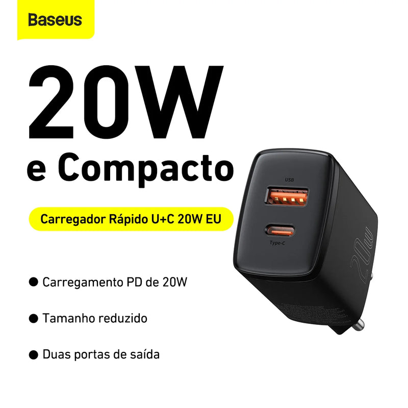 Kit Carregador Duplo Baseus Compacto 20W para iPhone 14 e Anteriores + Cabo de 1 Metro - Preto
