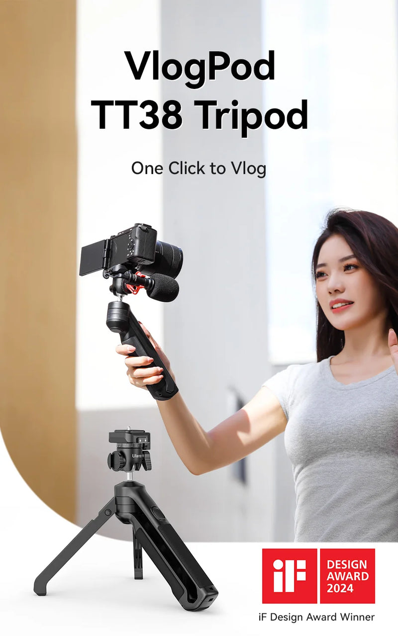 Tripé Ulanzi VlogPod TT38 com placa de liberação rápida, alça para câmera DSLR, tripé de mesa para transmissão ao vivo após selfie e vlog