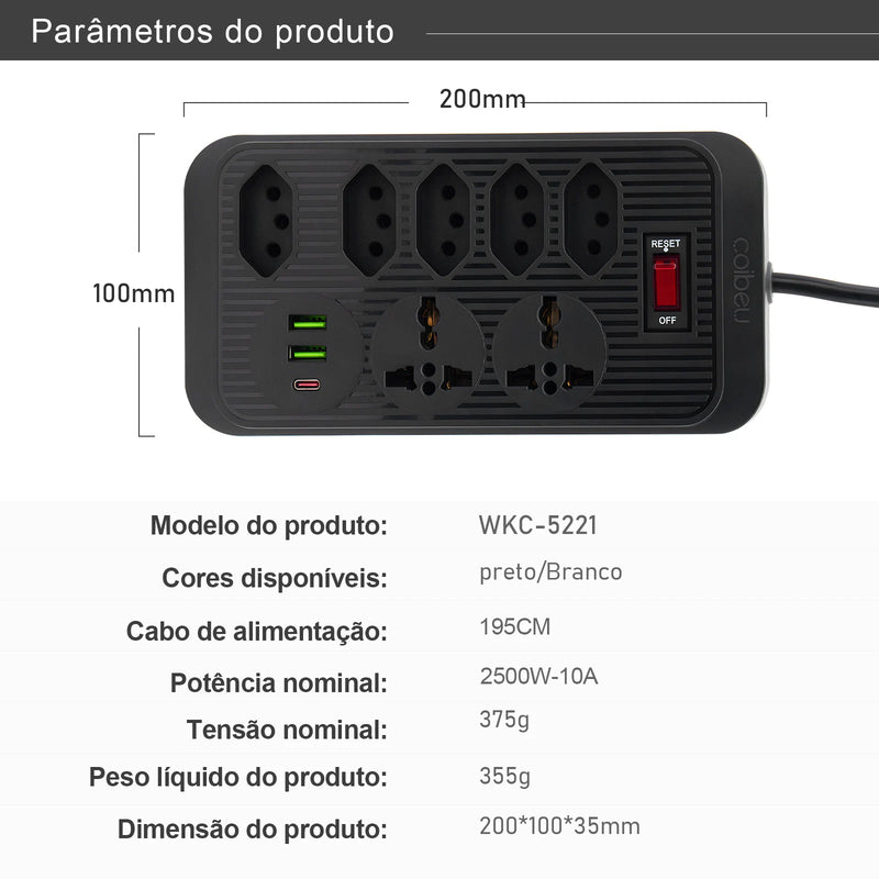 Extensão elétrica, filtro de linha, extensão de energia, tomada USB, plugue, plugue de água, filtro de linha brasileiro, 100-220V, 10A