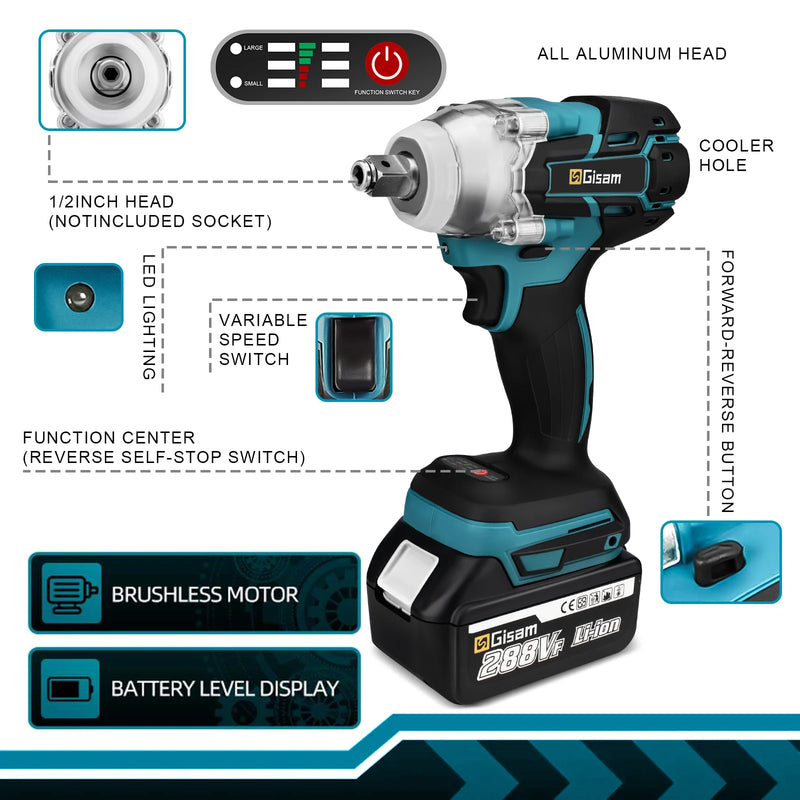 Chave de impacto elétrica sem escova 520N.M Chave elétrica sem fio Chave de fenda de 1/2 polegada Ferramentas elétricas para pinos de bateria Makita 18V