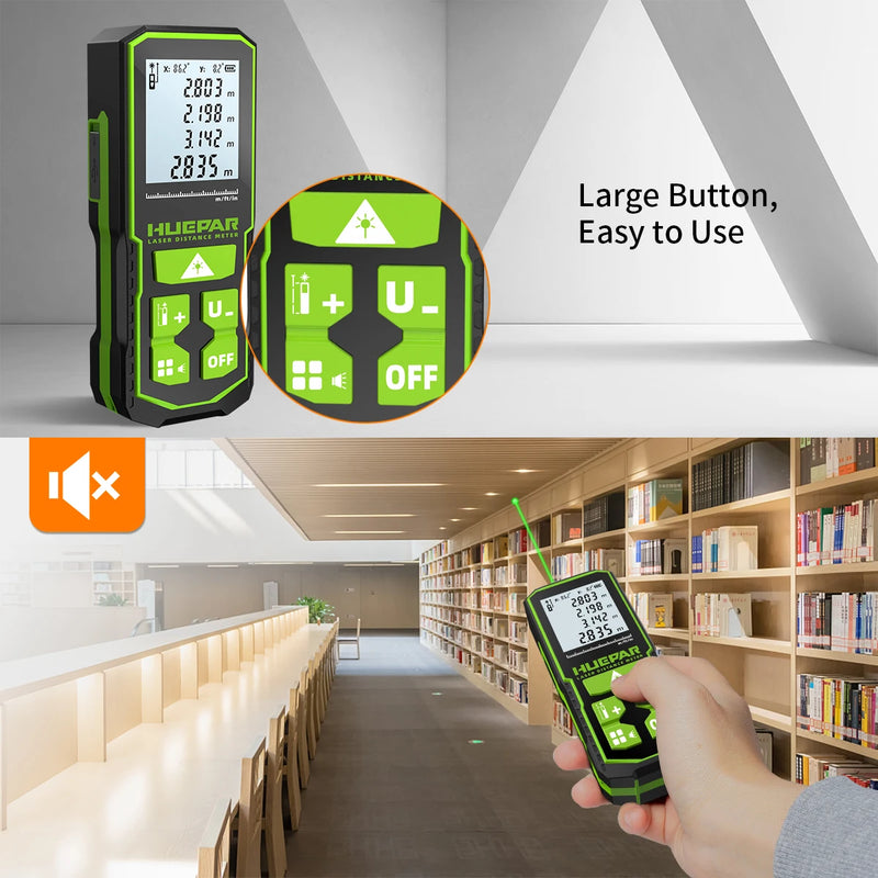 Medidor de distância a laser verde digital Huepar 60 m 100 m 120 m fita métrica a laser telêmetro com sensor de ângulo LCD ferramentas de medição