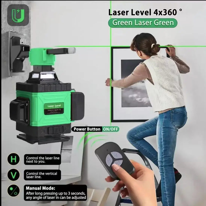 Nível de laser de feixe verde de 16 linhas 360° Ferramenta de alinhamento de alta precisão para projetos profissionais de construção e faça você mesmo Durável e ultrafino