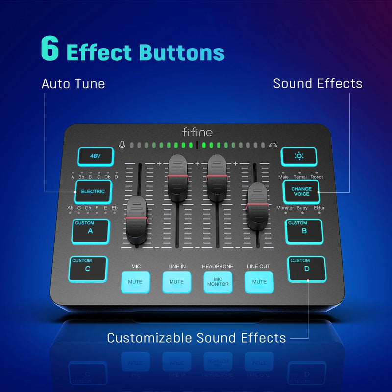 Mixer de áudio para jogos FIFINE, mixer RGB de 4 canais para streaming com interface de microfone XLR, para voz de jogos, podcast, AmpliGame SC3