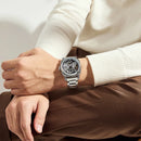 Relógio masculino mecânico automático com pulseira de aço inoxidável, modelo 2025, com detalhes em metal gravado, para uso casual ou empresarial, com luzes e resistência à água.