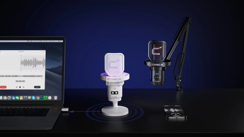 Microfone para jogos USB Comica Uni Pro com botão de cancelamento de ruído/RGB/balanço de ganho e microfone condensador para streaming de podcast