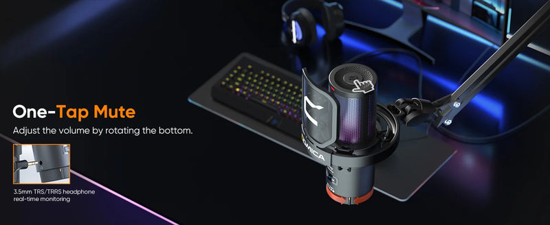 Microfone para jogos USB com fio Comica Uni D Uni A para PC, laptop, telefone, microfone condensador com cancelamento de ruído e iluminação RGB