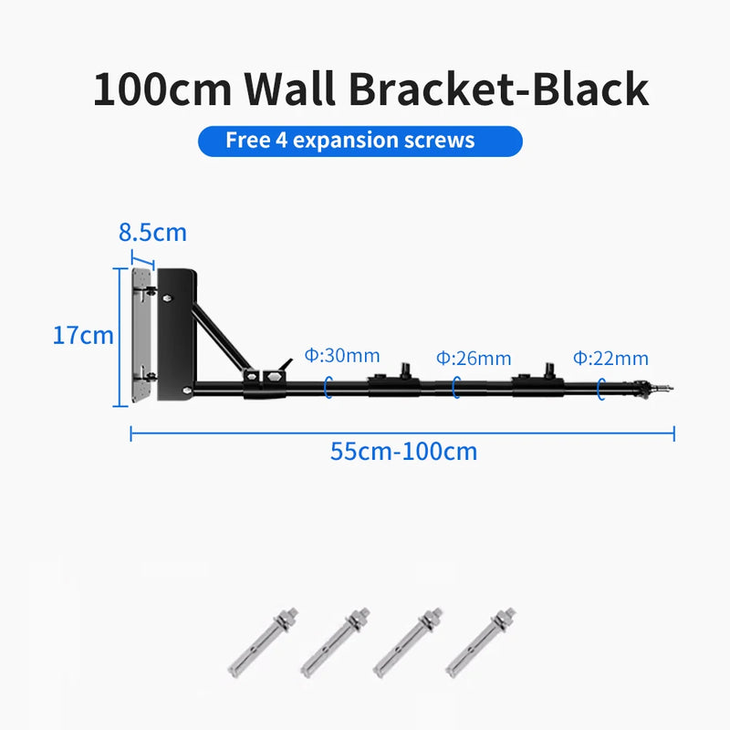 Braço de suporte de parede para estúdio fotográfico, luzes estroboscópicas de vídeo, comprimento máximo de 39,3 polegadas/100 cm, rotação horizontal e vertical