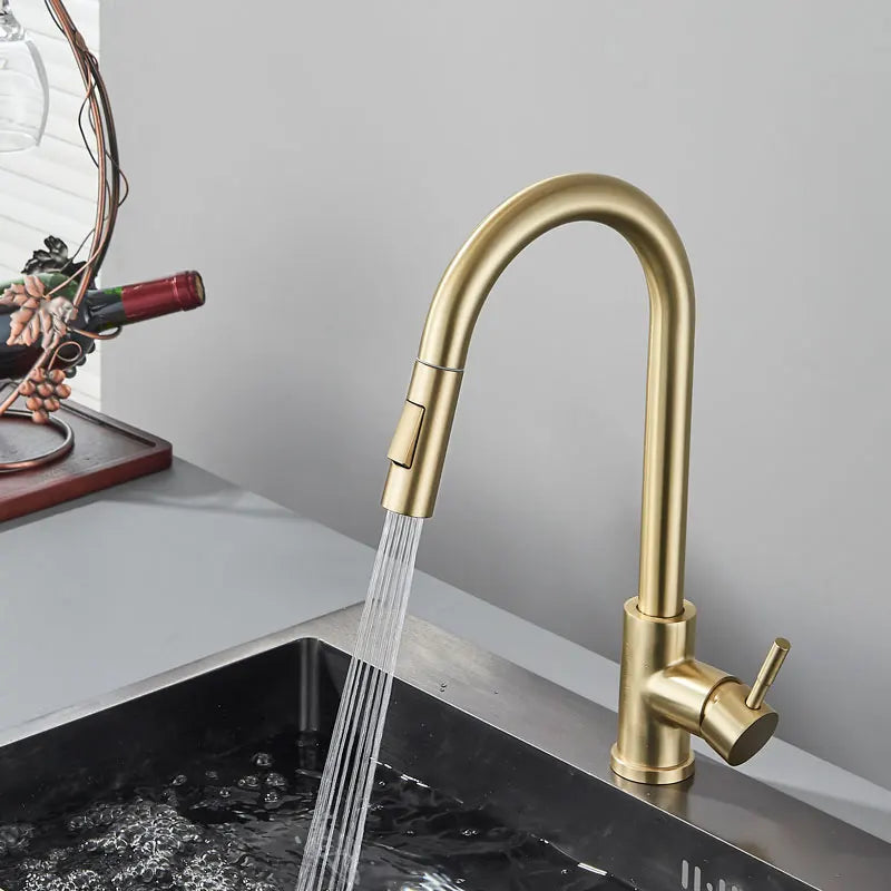 Torneira de cozinha FMHJFISD, torneira de cozinha dourada escovada, torneira de água retrátil, misturadora de alça única, rotação de 360 graus, torneira de chuveiro de cozinha