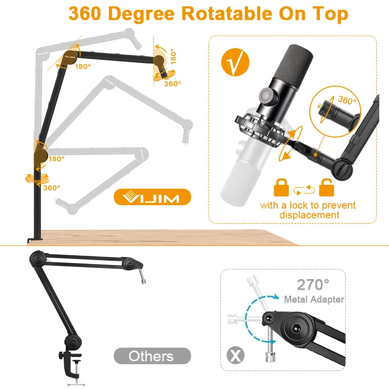 Suporte para microfone de mesa VIJIM LS24, braço de microfone com suspensão ajustável em 360° e parafuso de 1/4, suprimentos para estúdio fotográfico