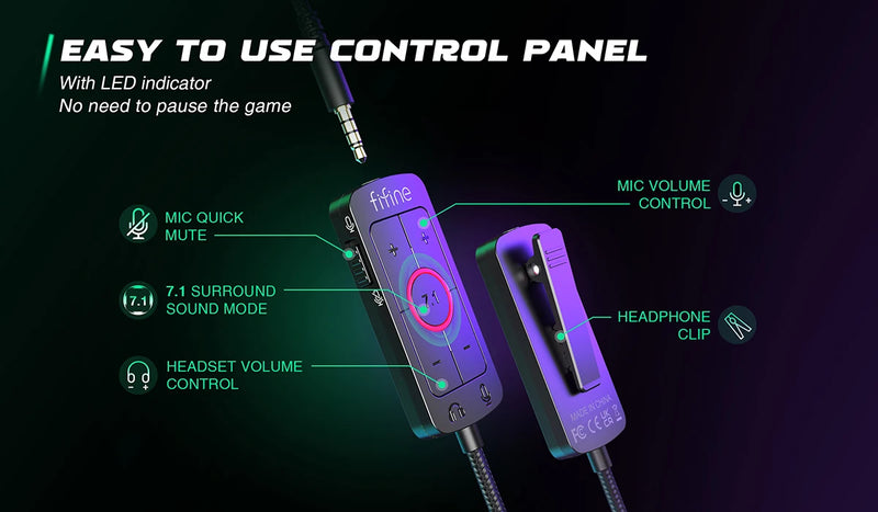Fone de ouvido FIFINE, fone de ouvido USB com conector de 3,5 mm e som surround 7.1, controle de volume e botão de mudo para PC/MAC/PS4/PS5 Mixer-H9