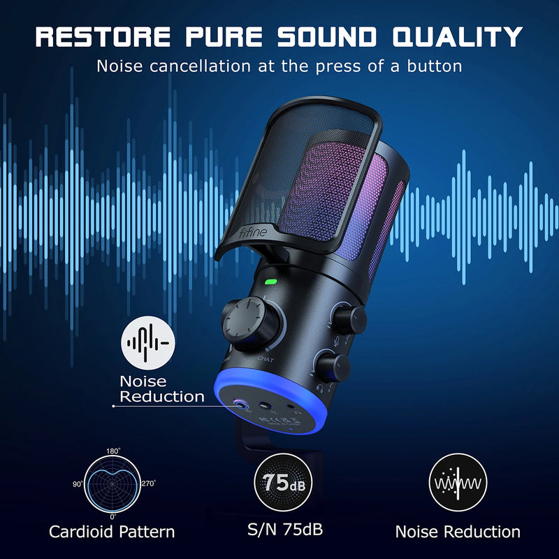 Microfone para jogos USB FIFINE com botão de cancelamento de ruído/RGB/ganho e equilíbrio, microfone condensador para streaming de podcast - Ampligame AM6