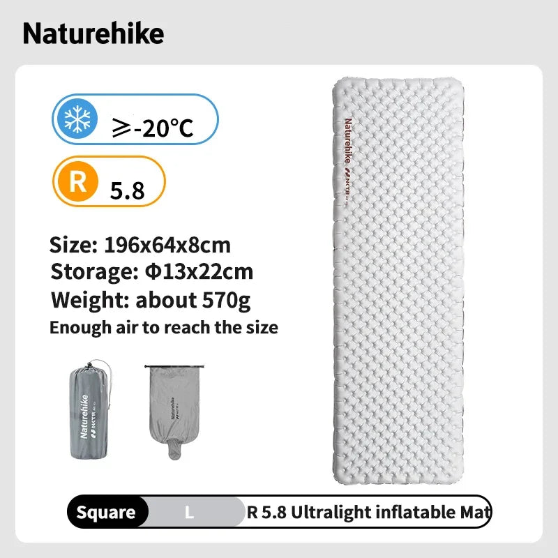 Colchão inflável Naturehike R 5.8 para áreas externas, barraca dobrável portátil, almofada única, ultraleve, para caminhadas, viagem e acampamento