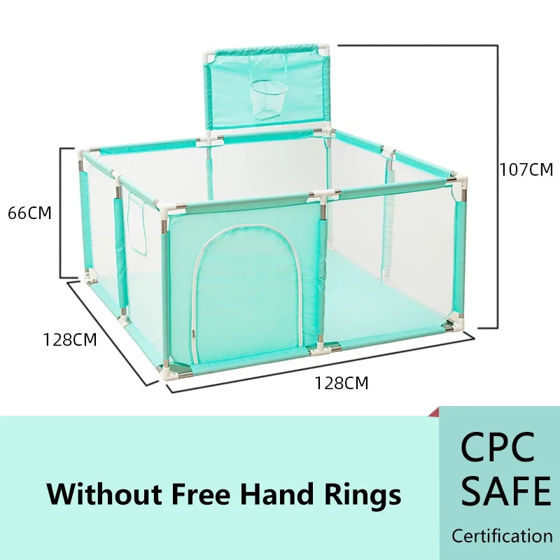 Cercado infantil IMBABY para uso interno, com barreira de segurança, piscina seca e área de recreação para crianças.