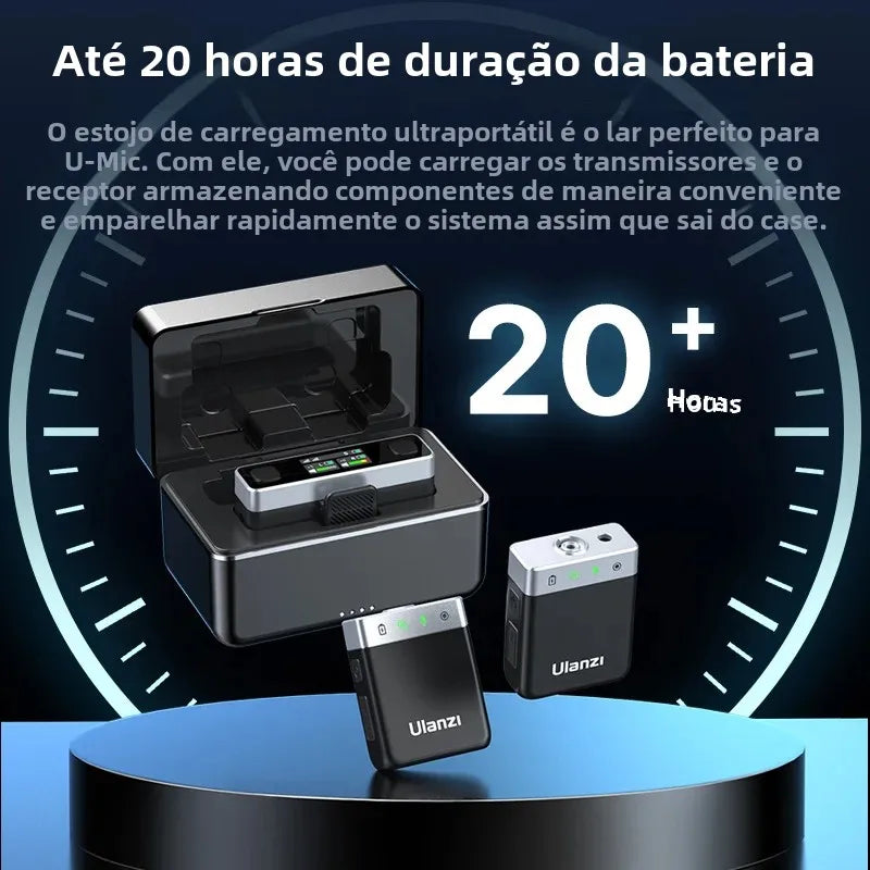 Ulanzi AM18 U-Mic 2.4G Microfone estéreo sem fio com captação de 100 m, gravação de canal duplo de 20+ horas para DSLR, iOS, Android, PC, entrevista ao vivo