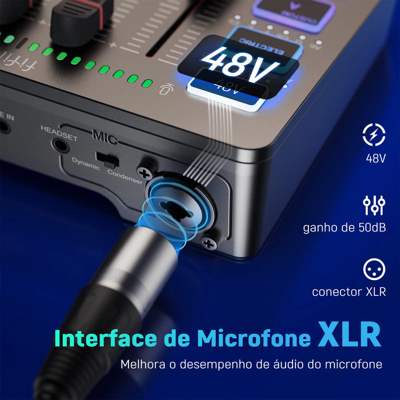 Mixer de áudio para jogos FIFINE, mixer RGB de 4 canais para streaming com interface de microfone XLR, para voz de jogos, podcast, AmpliGame SC3