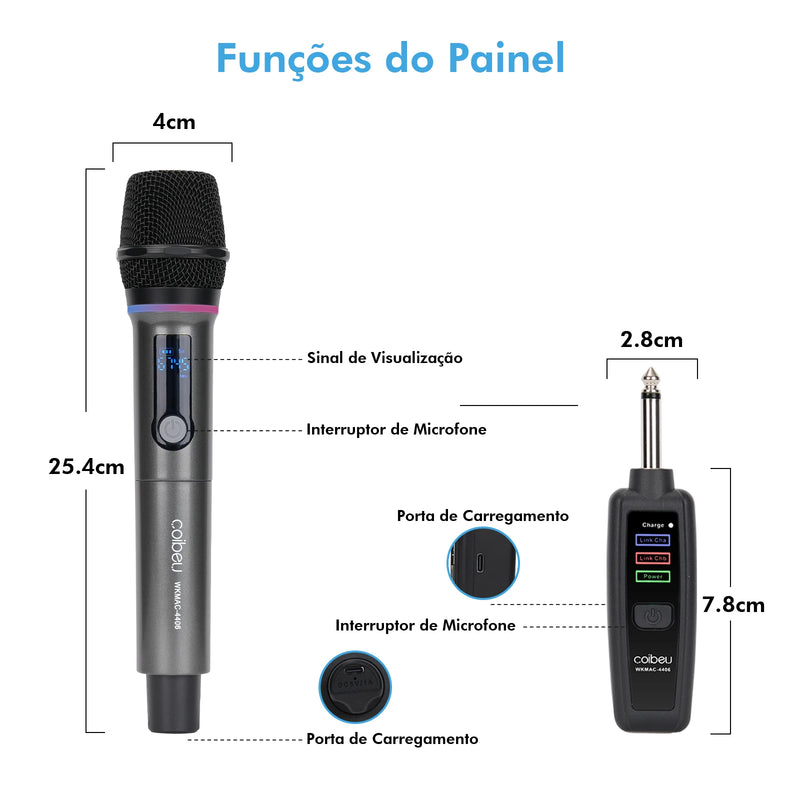 Kit 2 Microfones sem fio UHF 2.4G profissional com LED RGB - 2 unidades, bateria 18650, atraso de 2,5 ms, cardioide para karaokê/ao vivo