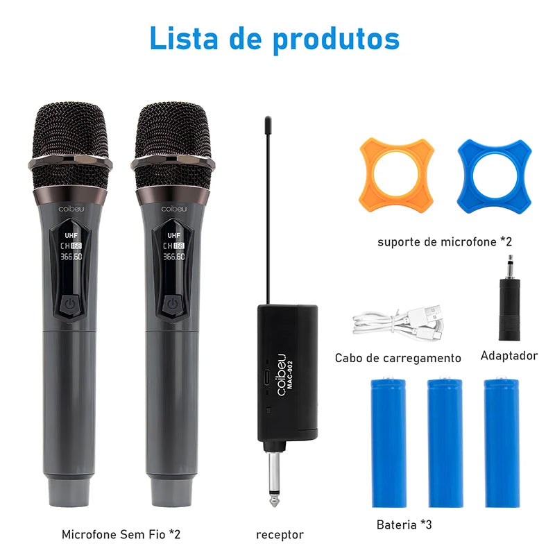 Kit 2 microfones profissional, sem fio portátil, display LED, UHF duplo, redução de ruído, sinal estável