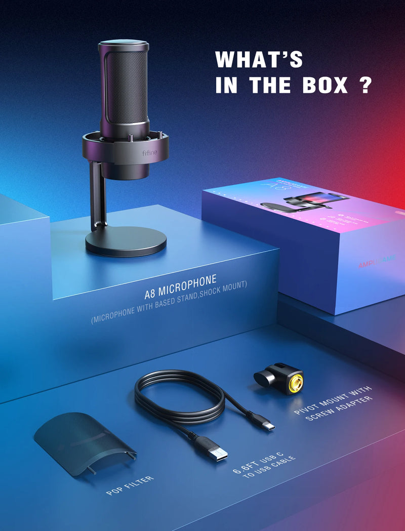 Microfone USB FIFINE para gravação e streaming em PC/Mac com filtro pop, silenciador rápido e conector de microfone de 3,5 mm, microfone com 3 modos RGB - A8