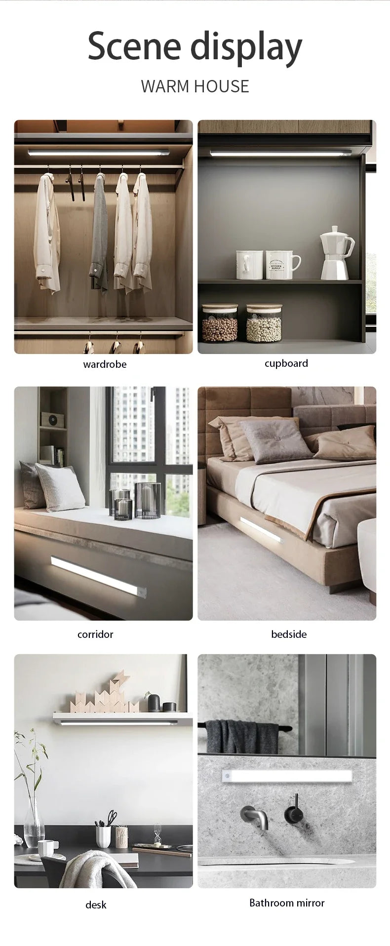 Luz noturna LED com sensor de movimento 20/30/40/60 cm, sem fio, USB, para armário, luz noturna, lâmpada para guarda-roupa, cozinha, armário, quarto